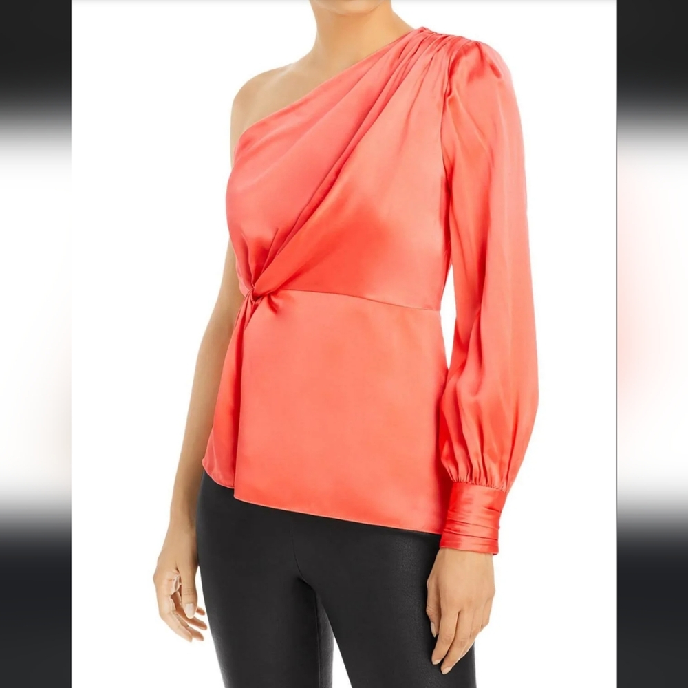 cinq a sept Coral One Shoulder Silk Ruched Blouse